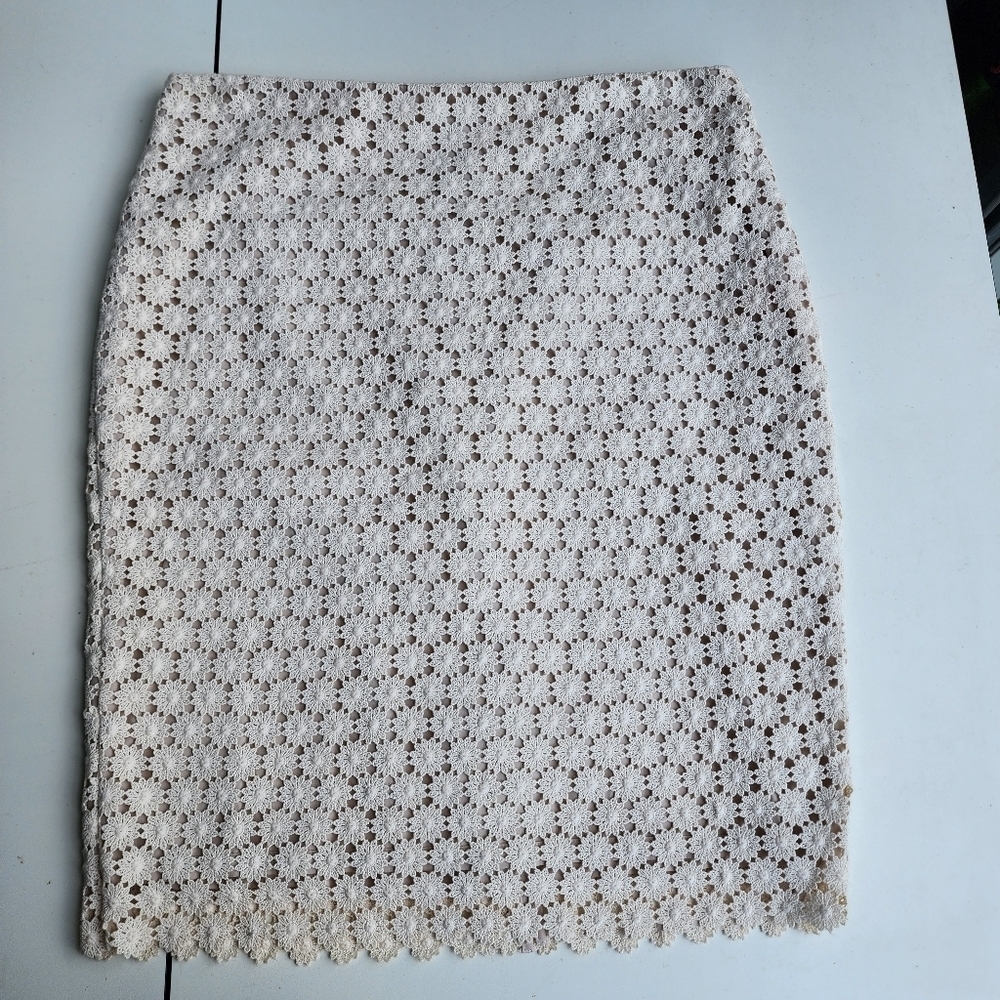 NWOT Charter Club Beige Ivory Crocheted Lace Cotton Skirt Pencil Straigh Size 14